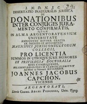 Dissertatio Inauguralis Juridica De Donationibus Inter Conjuges Juramento Confirmatis