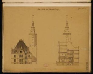 Rathaus, Münsterberg Monatskonkurrenz April 1887: Aufriss Seitenansicht, Querschnitt; Maßstabsleiste