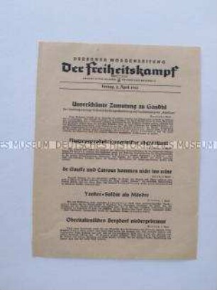 Nachrichtenblatt der sächsischen NSDAP-Zeitung "Der Freiheitskampf" über die Gefangenschaft von Mahatma Gandhi