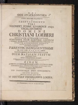 Ode Anacreontica : Cvivs Sonoris Plavsibvs Ob ... Domini Christiani Loeberi ... Diem Natalem Festvm ...