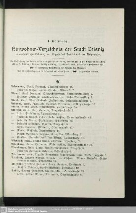 I. Abteilung. Einwohnerverzeichnis : I. Abteilung. Einwohner-Verzeichnis der Stadt Leisnig