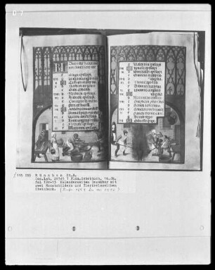 Flämisches Gebetbuch — Kalendar, Folio 1verso-13recto — Buchseite Dezember mit Monatsbild und Tierkreiszeichen - Das geschlachtete Rind, Folio 13recto