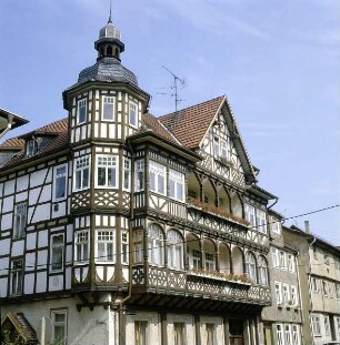 Bad Salzungen. Fachwerkhaus mit Erker Braugasse/Sulzberger Straße. Übereckansicht