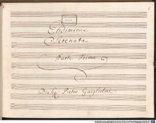 Diana amante, V (4), Coro, orch - BSB Mus.ms. 532 : Endimione // Serenata // Parte Prima // Di Sig Pietro Guiglielmi[!] // [spine title:] L'ENDIMIONE // SERENATA // PARTE I