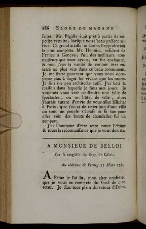 [Lettre] A Monsieur De Belloi Sur sa tragédie du siege de Calais.