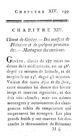 XIV. Climat de Genève. -? Maisons de plaisance , et de quelques promenades et montagnes des environs.