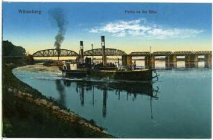 Wittenberg. Elbe mit Schleppzug und Brücke