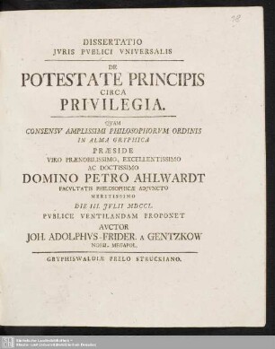 Dissertatio Iuris Publici Universalis De Potestate Principis Circa Privilegia