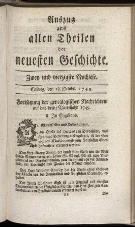 Zwey und vierzigste Nachlese. Coburg, den 18. Octobr. 1749.