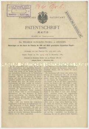 Patentschrift einer Neuerung an den durch die Patente Nr. 1919 und 11062 geschützten Expansions-Regulier-Apparaten, Patent-Nr. 41719