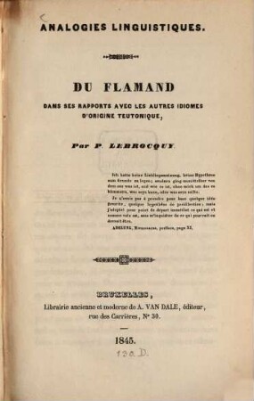 Analogies linguistiques : Du Flamand dans ses rapports avec les autres idiomes d'origine Teutonique