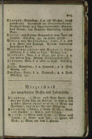 Verzeichniß der vornehmsten Messen und Jahrmärkte