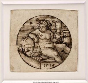 Bacchus, an ein Faß gelehnt sitzend, nach rechts. Er hält in der Linken ein hohes Glas