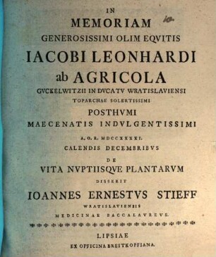 [Programma quo] ... de vita nuptiisque plantarum disserit Jo. Ern. Stieff