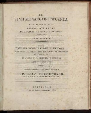 De Vi Vitali Sangvini Neganda Vita Avtem Propria Solidis Qvibvsdam Corporis Hvmani Partibvs Adserenda Cvrae Iteratae