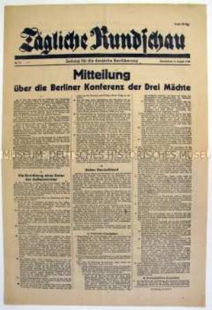 Sowjetische Tageszeitung für die deutsche Bevölkerung "Tägliche Rundschau" zum Abschluss der Berliner (Potsdamer) Konferenz der Alliierten mit dem Wortlaut des Potsdamer Abkommens
