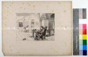 Blatt 9 Lieutenant von Uthmann im Alter alleine mit Hund in einem Lehnsessel in der warmen Wachtstube aus der Folge "Bilder aus dem Lieutenantsleben. Erinnerung an Rudolph von Uthmann"