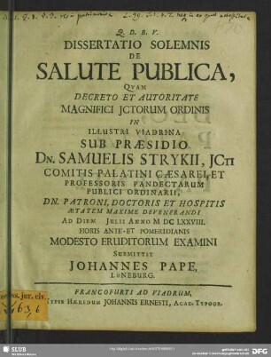 Dissertatio solemnis: De salute publica