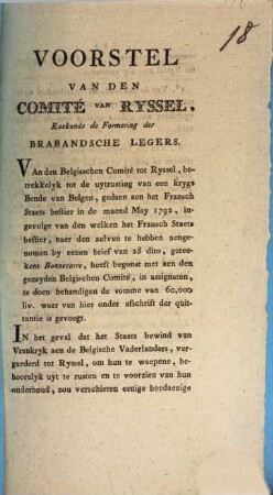 Voorstel Van Den Comité Van Ryssel, Raekende de Formering der Brabandsche Legers : Ryssel, 24 May 1792