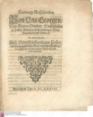 Landtags-Ausschreibung für das Niederfürstentum Hessen zum Treffen am Sonntag dem 26. November 1637 in Alsfeld
