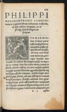 Philippi Melanchthonis Commentarius in Quintum librum Ethicorum Aristotelis, ab ipso authore recognitus, et in plerisq[ue] locis de integro conscriptus.