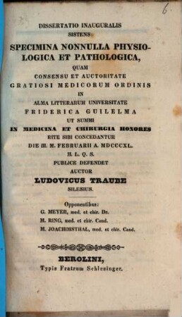 Dissertatio inauguralis sistens: Specimina nonnulla physiologica et pathologica