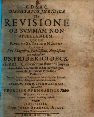 Disputatio Inauguralis Iuridica De Revisione Ob Summam Non Appellabilem, [1]