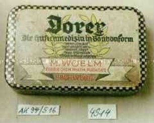Blechdose für "Dorex Die Hustenmedizin in Bonbonform M. WOELM FABRIK CHEM. PHARM. PRÄPARATE ESCHWEGE"