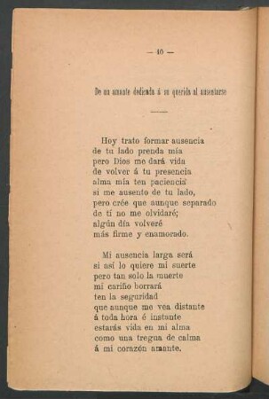 De un amante dedicada á su querida al ausentarse