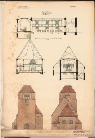 Dorfanlage Schinkelwettbewerb 1908: Dorfkirche für 400 Kirchgänger. Schnitte, Ansichten 1:100