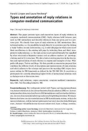 Types and annotation of reply relations in computer-mediated communication