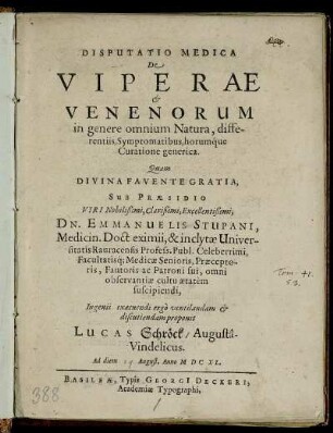 Disputatio Medica De Viperae & Venenorum in genere omnium Natura, differentiis, Symptomatibus, horumque Curatione generica