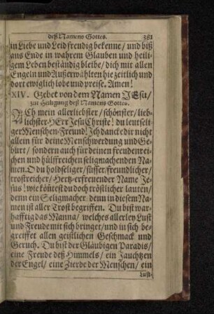 XIV. Gebet von dem Namen Jesu/ zur Heiligung deß Namens Gottes.