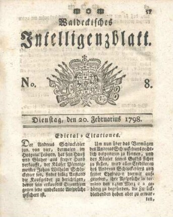 No. 8, Dienstag, den 20. Feburarius 1798