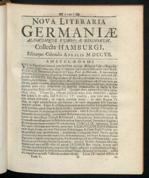 Nova Literaria Germaniæ Aliorumque Europæ Regnorum, Collecta Hamburgi, Editaque Calendis Aprilis MDCCVII.