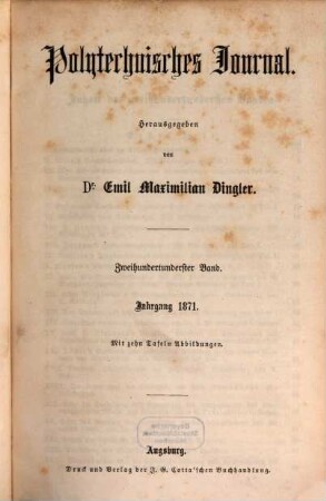 Polytechnisches Journal. 201. 1871 = 5. Reihe Bd. 1