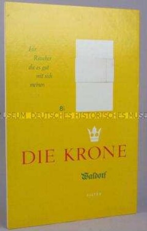 Werbeaufsteller (gelb) für "Waldorf Die Krone"-Zigaretten