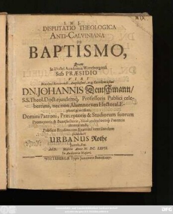 Disputatio Theologica Anti-Calviniana De Baptismo
