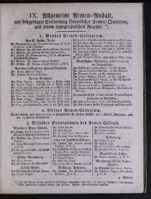 IX. Allgemeine Armen-Anstalt, mit beygefügter Eintheilung sämmtlicher Armen-Quartiere, und einem topographischen Register.