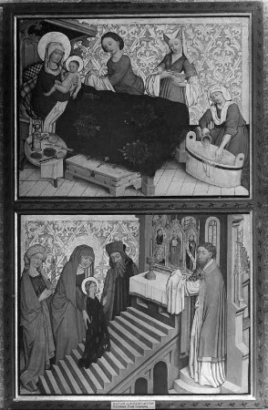 Altarflügel mit Geburt Mariae : Altarflügel mit Geburt Mariae. Tafelmalerei (1460; Meister des Riedener Altars). Rieden am Forggensee, Pfarrkirche Sankt Urban