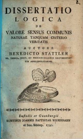 Dissertatio Logica De Valore Sensus Communis Naturae Tanquam Criterio Veritatis