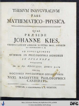 Thesium Inauguralium Pars Mathematico-Physica