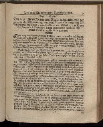 Das V. Capitel. Von denen Kranckheiten derer Augen insgemein [...]