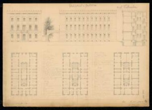 Präsidialgebäude Monatskonkurrenz Oktober 1841: Grundriss Erdgeschoss, 1. und 2. Obergeschoss, Aufriss Vorderansicht, Längsansicht, Querschnitt; 3 Maßstabsleisten