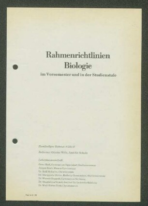 Rahmenrichtlinien Biologie im Vorsemester und in der Studienstufe