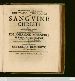Disputatio Theologica De Sanguine Christi