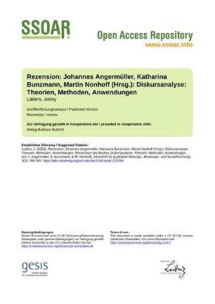 Rezension: Johannes Angermüller, Katharina Bunzmann, Martin Nonhoff (Hrsg.): Diskursanalyse: Theorien, Methoden, Anwendungen