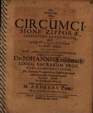Kāna ṣippōrā qūrtā Sive De Circumcisione Zipporae, Exercitium Academicum