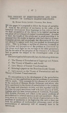 The theory of perturbations and Lie's theory of contact transformations.