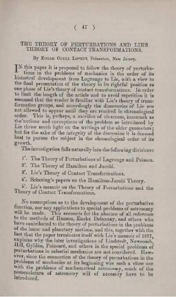 The theory of perturbations and Lie's theory of contact transformations.